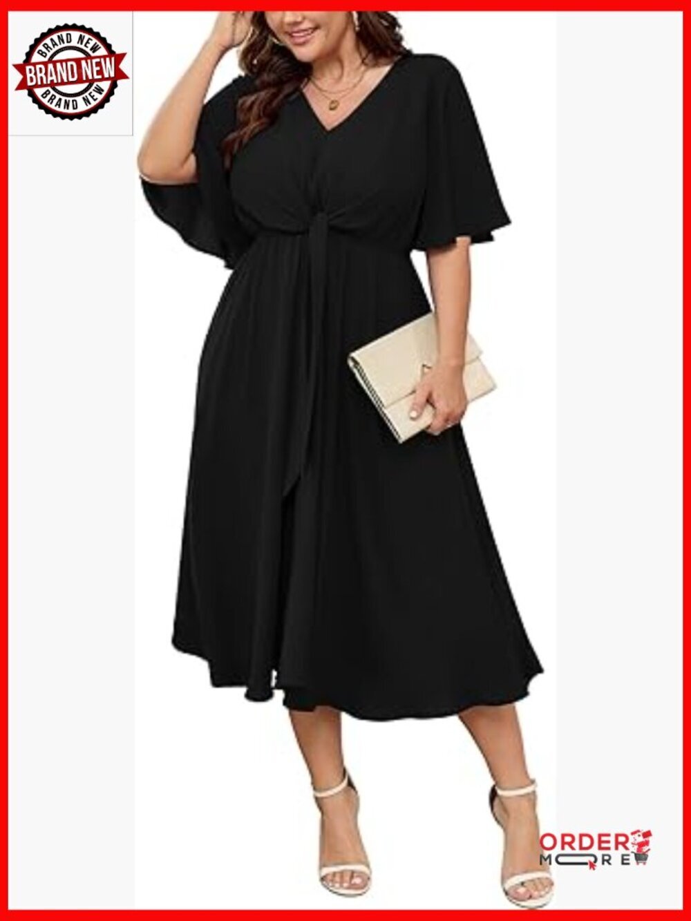 Plus Size Midi Dress V Neck Tie Waist A Line Flowy Summer Wedding Guest